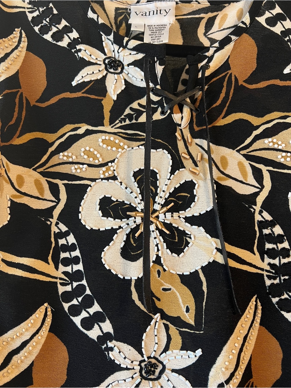 Vanity Black Floral Ruffle Sleeve Blouse with Gold Accents - Picture 2 of 7